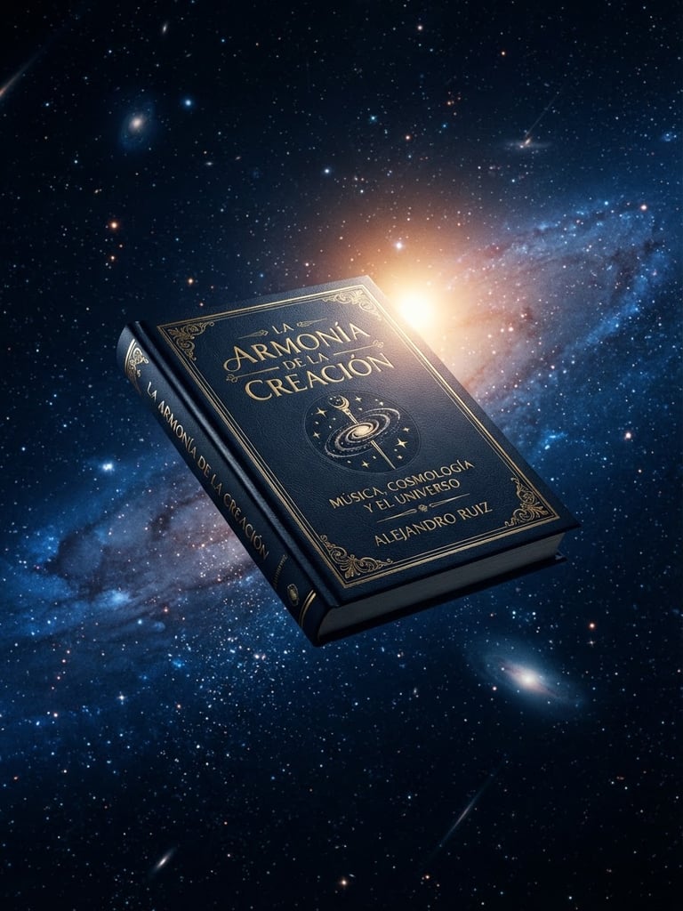 Cinematic wide shot of a premium 3D book mockup titled 'La Armonía de la Creación' floating elegantly in deep space, backlighting from a distant golden star, surrounded by faint cosmic dust and deep blue nebulae, high-contrast, MasterClass style.