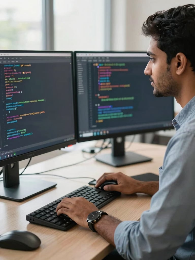 Medium close-up of a modern Indian software developer analyzing technical code on dual monitors in a bright, sunlit Bengaluru office, professional workplace environment.