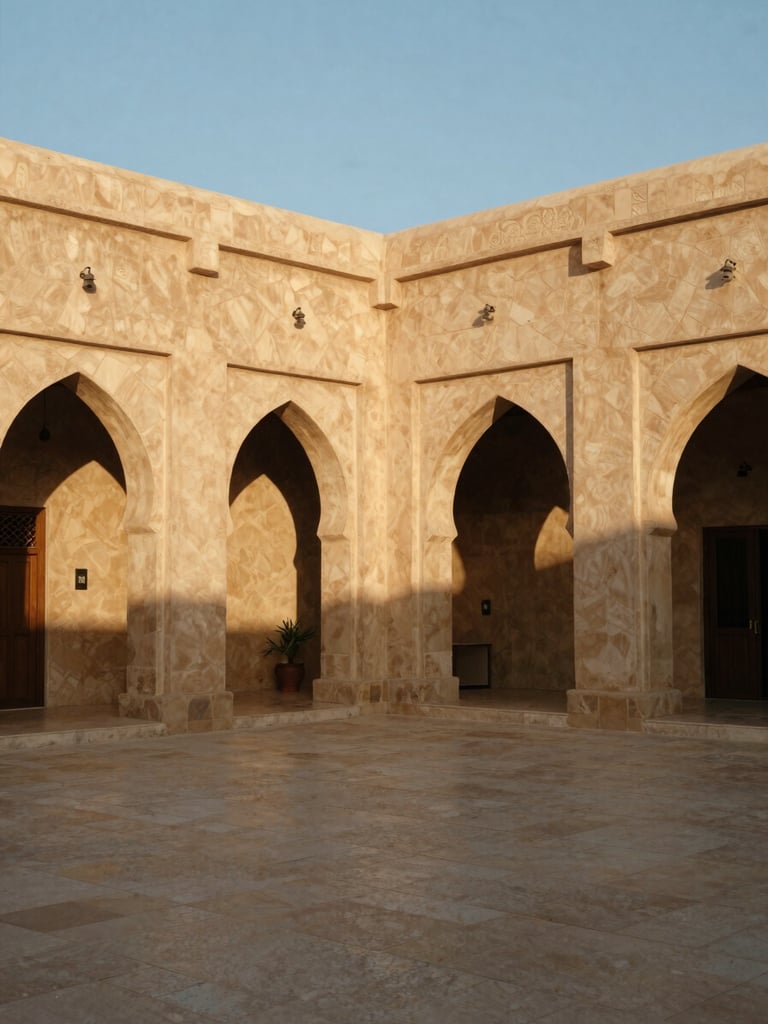Wide shot of a restored traditional Omani caravansary converted into a modern boutique hotel, courtyard with stone arches, dramatic golden-hour shadows, 35mm
