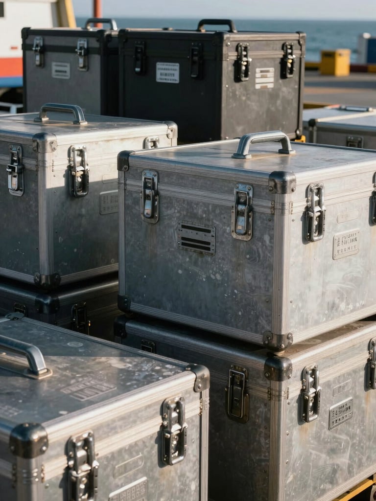 Close-up portrait-oriented view of industrial supply crates and labeled equipment containers staged on a dock loading area, worn stenciled markings on steel cases, natural daylight from the side casting hard shadows across the surface textures, ocean visible in the far background