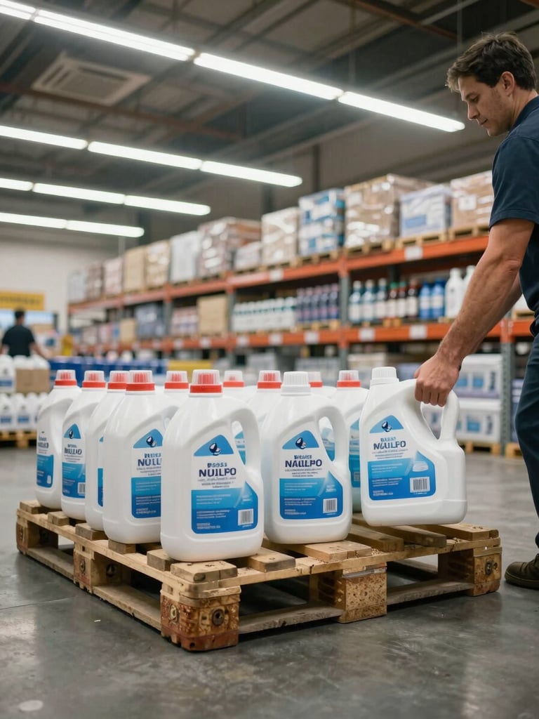 Wide environmental shot of a supermarket warehouse receiving dock, a worker's hands pulling cases of cleaning products off a loaded pallet onto metal shelving, harsh overhead fluorescent light, concrete floor and steel racking visible in background, documentary framing
