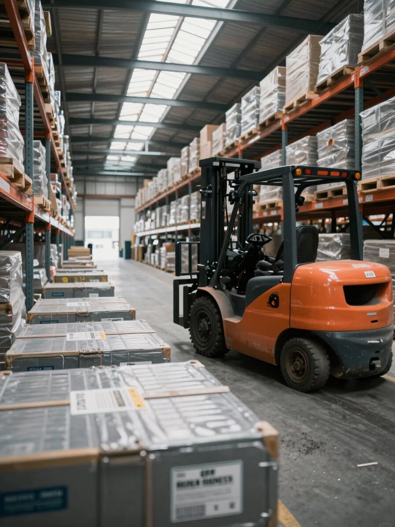 Wide environmental shot of an industrial supply warehouse interior, forklift in motion along a steel shelving corridor, natural daylight entering from high clerestory windows, close-up detail of labeled cargo crates stacked in foreground, muted steel-gray tones throughout