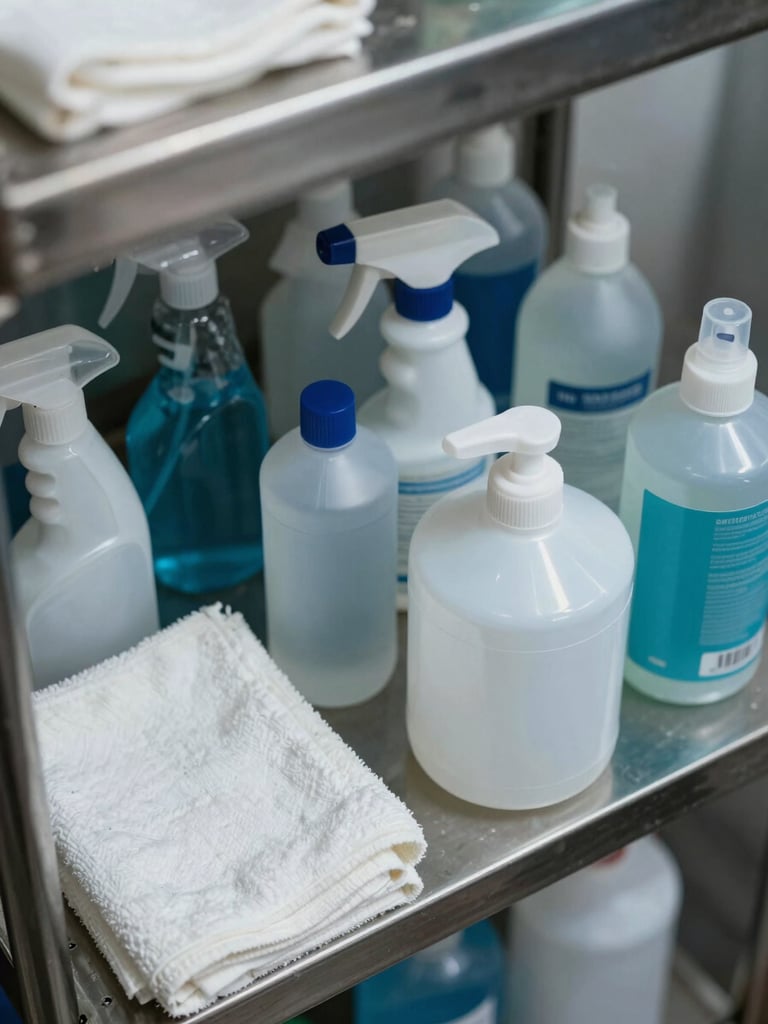 Close-up overhead view of industrial cleaning supplies arranged on a stainless steel shelf — spray bottles, sealed dispensers, and folded white linen cloths under cool diffused daylight, no labels visible, operational detail emphasis