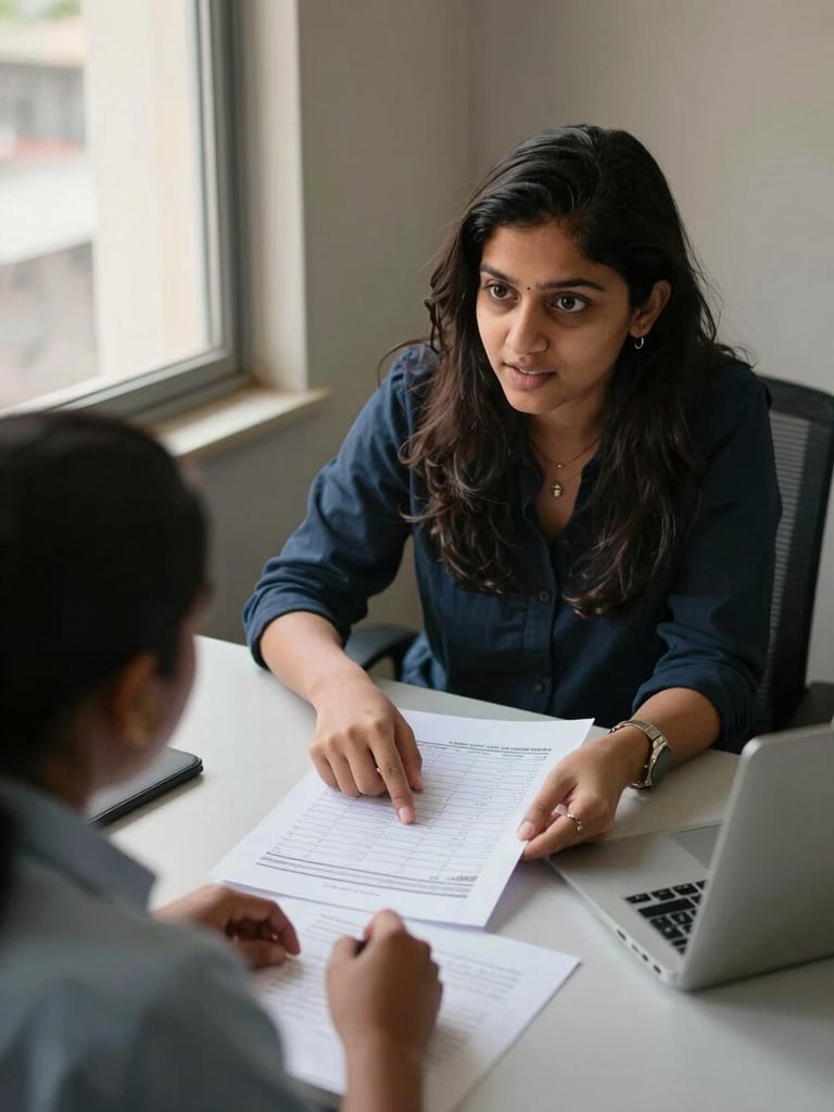 Close environmental shot inside a compact Delhi office, Shalu Saini seated across a table from a student and parent, her finger pointing to a printed UCAS timeline sheet, natural daylight from a window to the left, papers and a laptop visible on the table, candid mid-conversation moment, warm documentary light