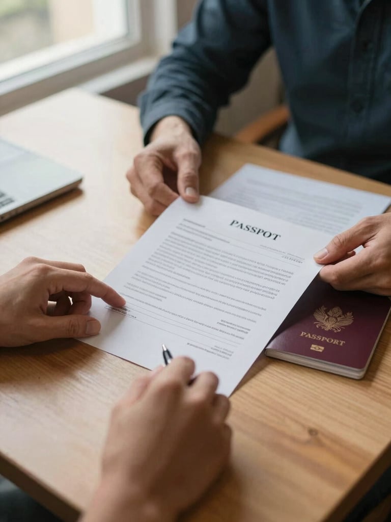 Close-up wide shot: student hands on a dining table holding an offer letter alongside a passport, a parent's hands visible resting near the edge, warm afternoon window light from the left, papers and a pen in the frame, candid and intimate