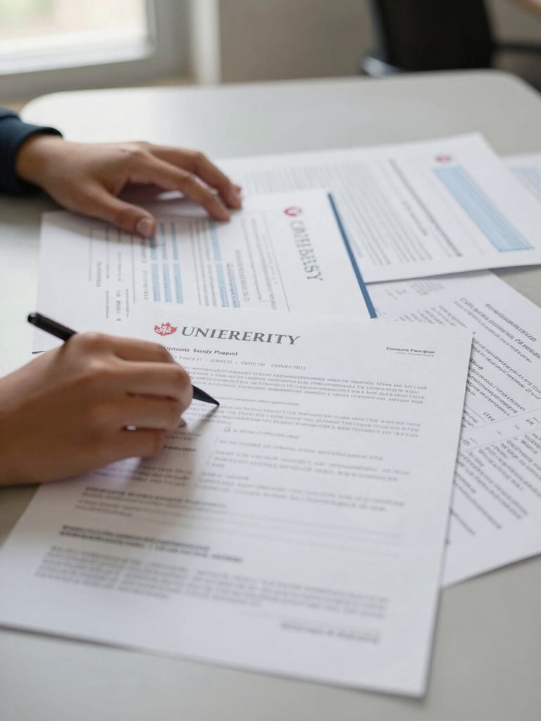 Wide environmental shot from the left edge: a student's hands spread across a desk covered in printed university offer letters and a Canadian study permit application form, natural Delhi window light falling across the papers from the left, shallow depth of field, documentary warmth, no faces visible