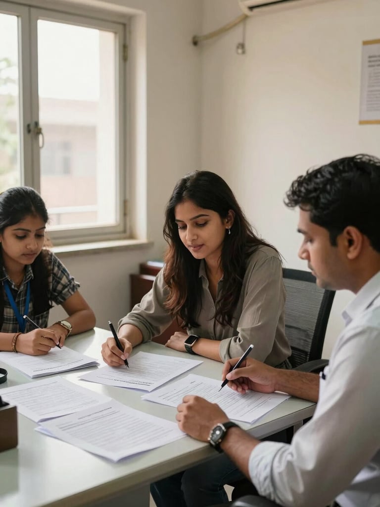 Wide environmental shot inside a modest Delhi advisory office, natural daylight from a side window — Shalu Saini seated across a table from a student and parent, all three leaning over a spread of university application documents, candid mid-conversation, warm afternoon light, unretouched