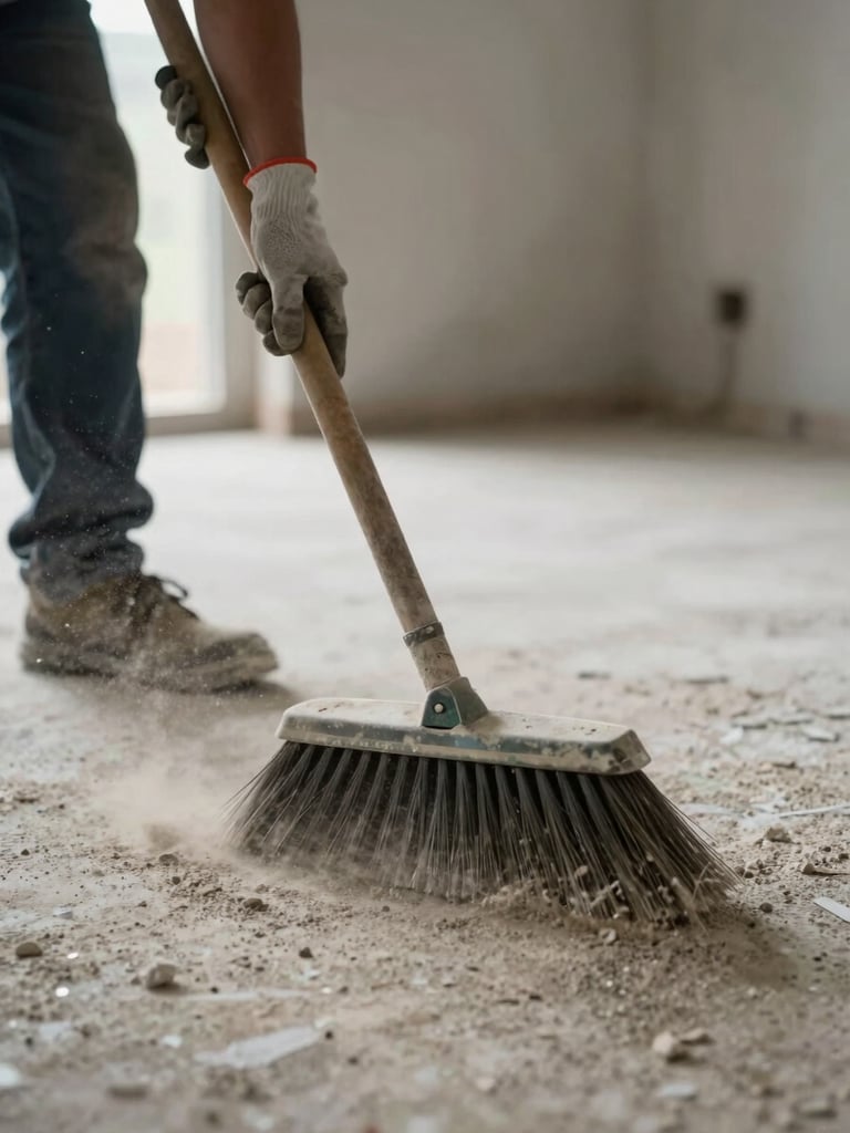 Close-up of a worker's gloved hands gripping a broom handle sweeping fine construction dust across a bare concrete floor, diffused daylight from the left, visible dust particles mid-air, no faces shown