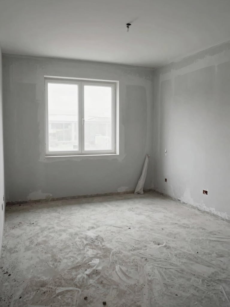 Wide shot of an empty room mid-renovation: bare concrete floor, one wall freshly plastered in light grey, diffused overcast daylight through an uncovered window, no people, dust sheets folded in corner, documentary style