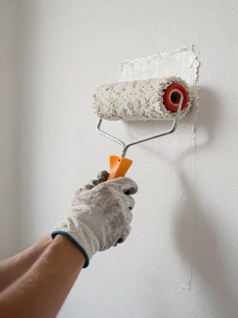 Close-up of a worker's hands in work gloves pressing a paint roller against a fresh white wall, soft north-facing daylight, paint texture visible at the edge of the stroke, no face visible, documentary framing
