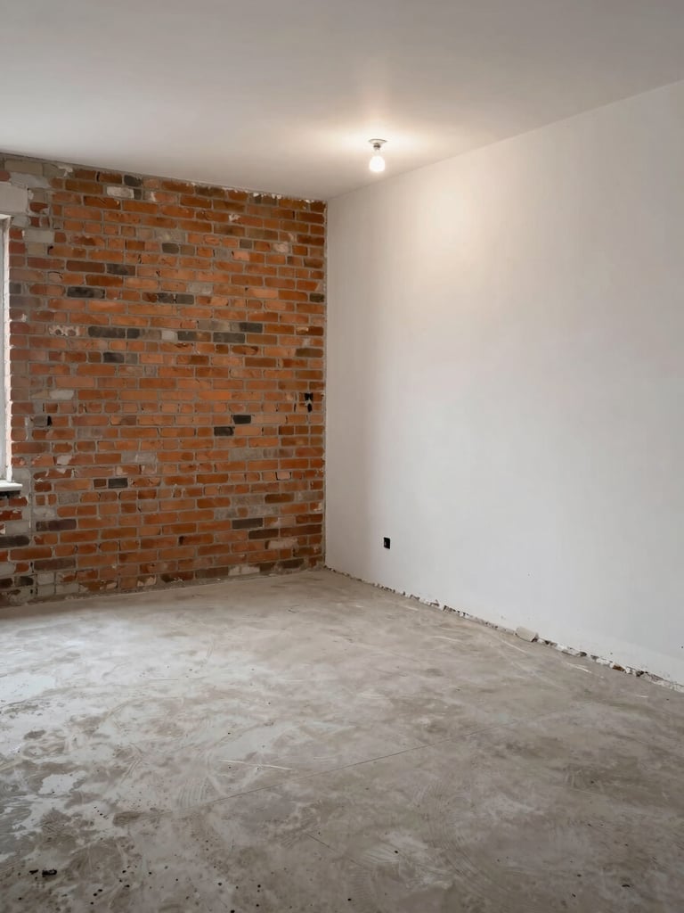Wide shot of a room mid-renovation: left half with raw concrete floor and bare brick wall, right half with freshly plastered smooth white wall, a single work light illuminating the contrast, no people, documentary framing