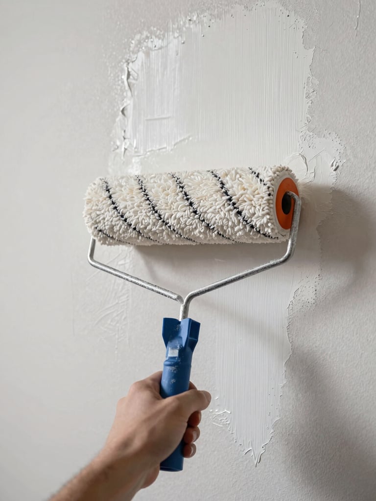 Overhead close-up of a paint roller mid-stroke on a freshly plastered wall, soft diffused daylight from above, fresh white paint revealing clean stucco texture underneath, no people visible