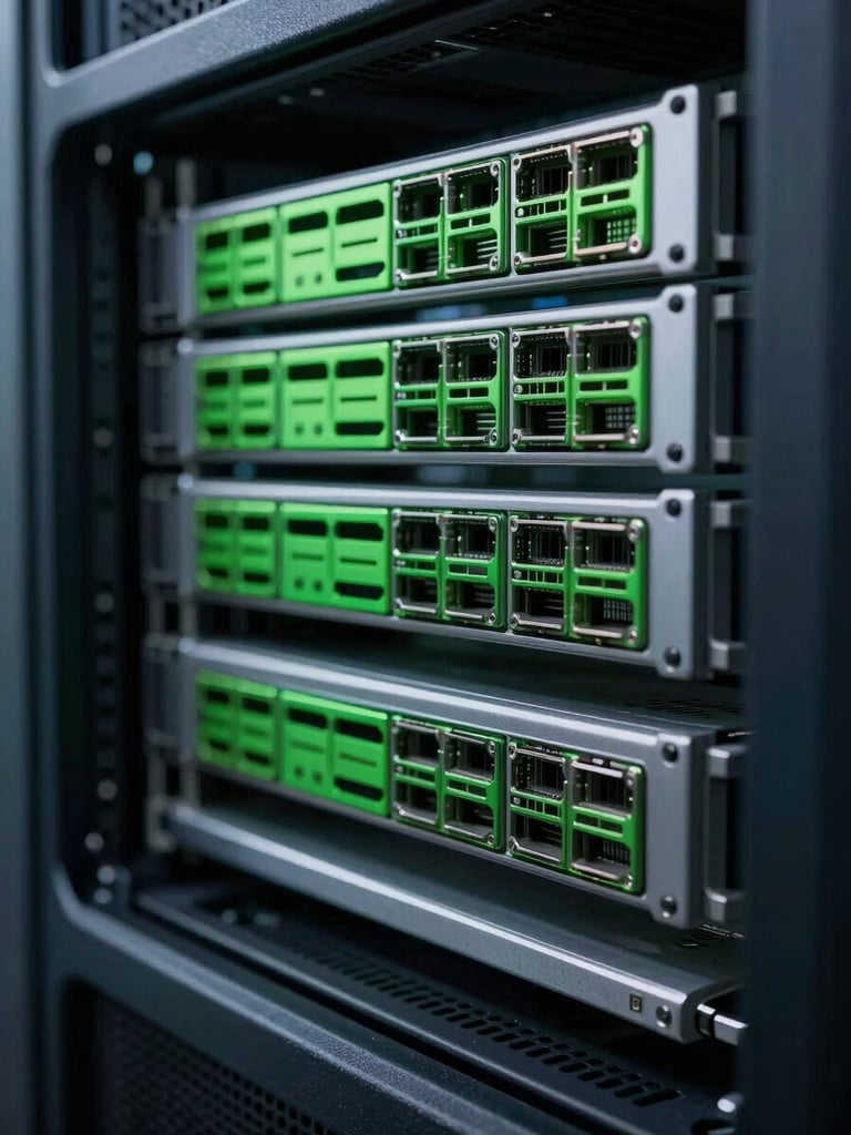Extreme close-up of server rack hardware in a cold-storage facility, low-key cool-toned lighting with sharp terminal green reflections on metallic edges