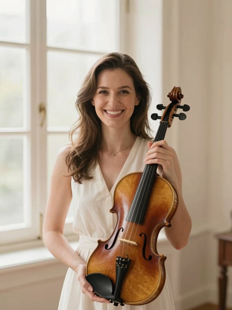 Candid portrait of a warm and smiling female violin instructor holding a violin, soft natural window light, elegant cream background, 35mm