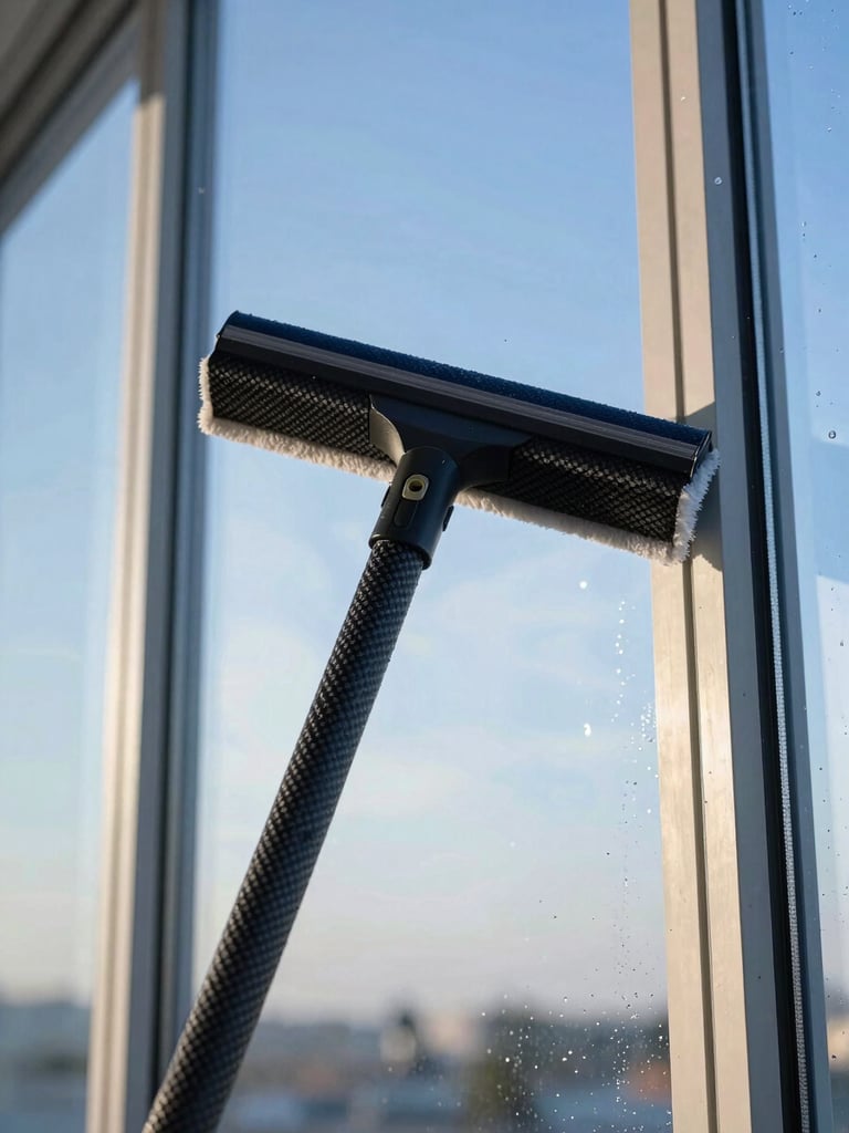 Close-up of specialized water-fed carbon fiber pole cleaning a modern window pane, crisp morning light, water droplets reflecting the sky, sharp focus