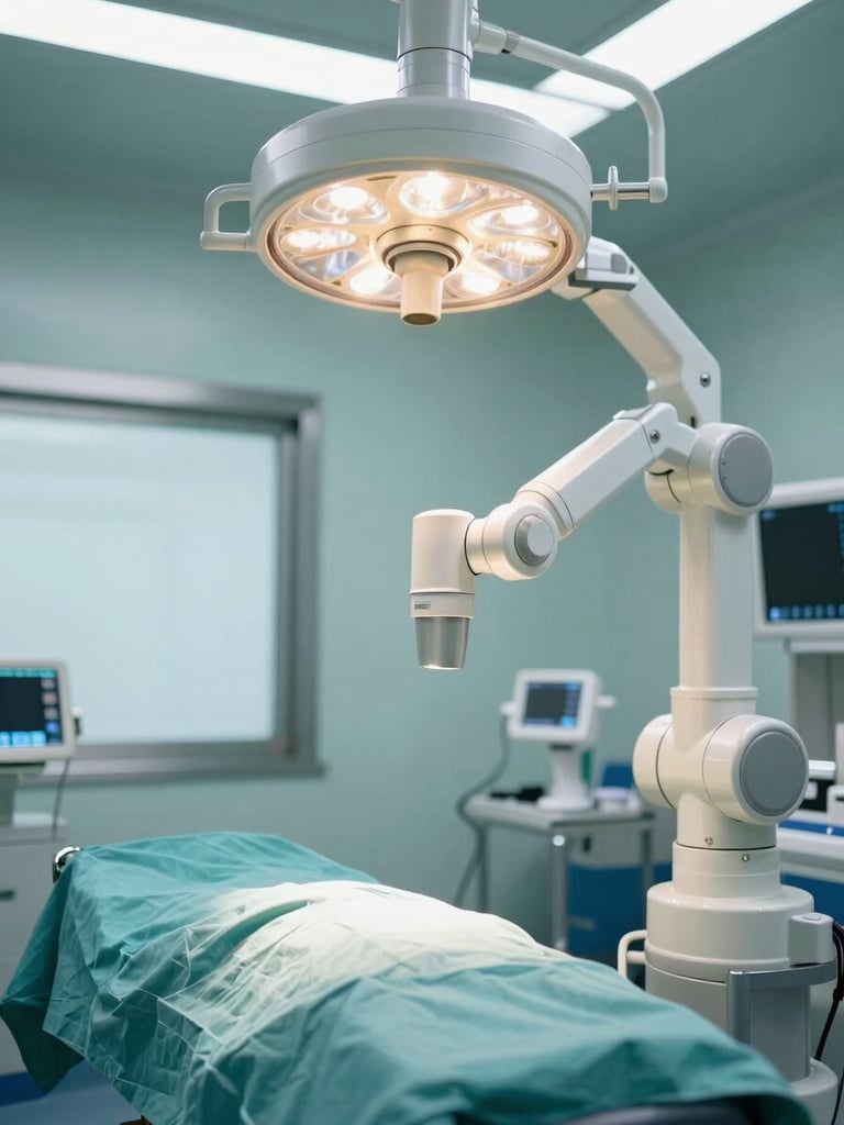 Ultra-modern sterile operating theater with advanced robotic surgical arms, soft clinical teal lighting, shallow depth of field, professional medical environment
