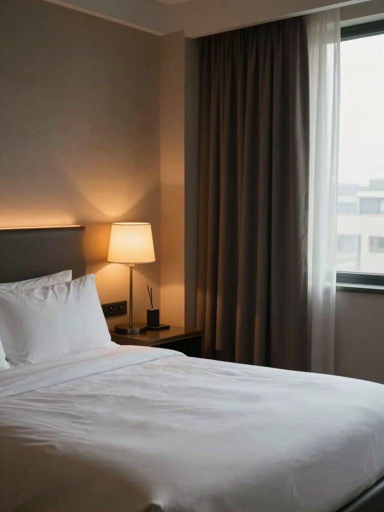 Eye-level corner shot inside a furnished hotel suite, warm amber bedside lamp glowing against natural window light, empty bed with crisp white linens, the room's depth and proportions fully visible, no people