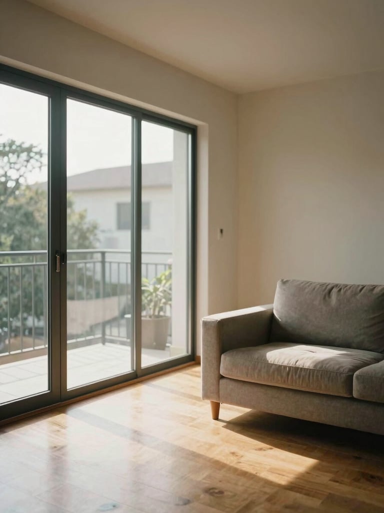 Eye-level corner shot of an empty living room interior, natural daylight streaming through floor-to-ceiling windows on the left, warm light catching the edge of a neutral sofa, hardwood floors visible, no staging props, shot wide enough to show the room's full depth