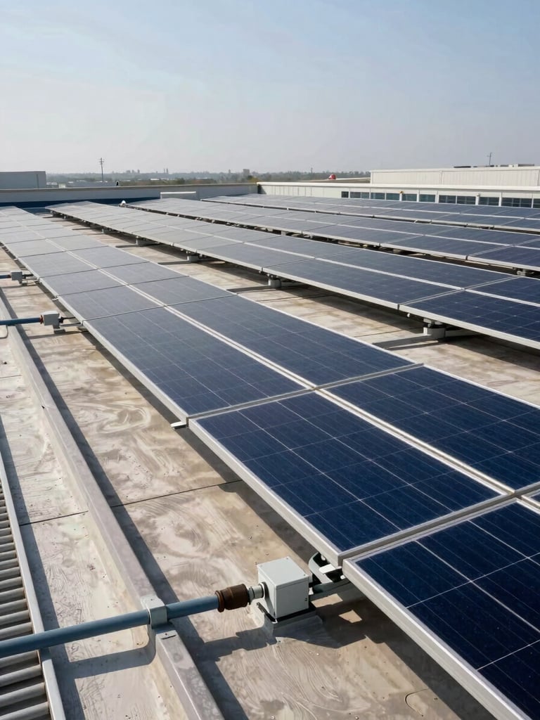 Wide environmental shot from rooftop level, rows of monocrystalline solar panels mounted on a flat industrial rooftop extending toward the horizon, cable conduits and junction boxes visible in the foreground, natural midday Gulf sun casting hard shadows between panel rows, steel mounting rails catching the light