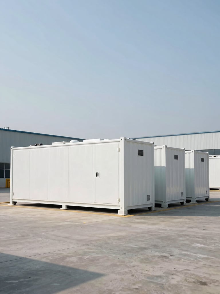 Wide environmental shot, a row of large white battery energy storage system containers installed in an open industrial plant yard, Gulf daylight overhead, concrete ground visible in foreground, industrial structures in background, no people