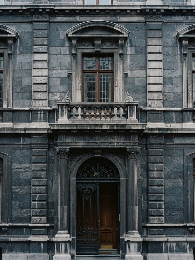 Detail of a classic stone building facade with clean architectural lines, soft overcast daylight, deep slate tones, elegant and timeless