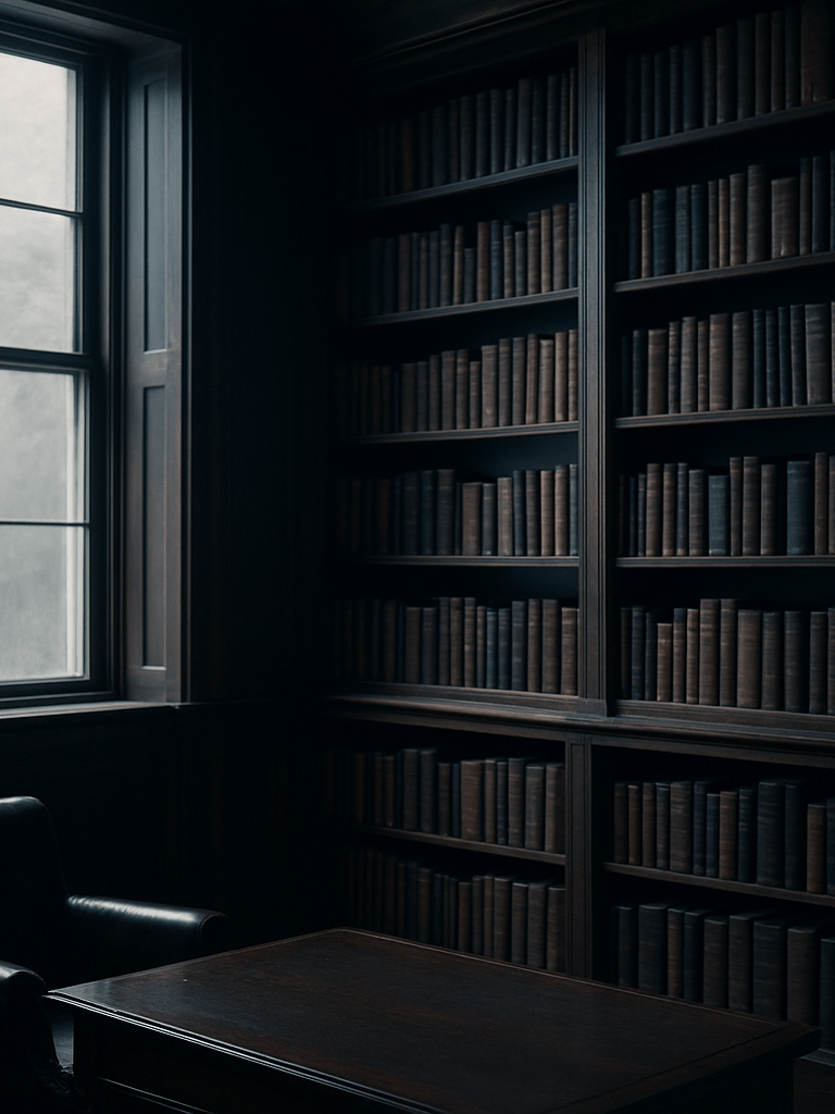 Quiet classic library interior with dark wood shelves, leather-bound books, soft overcast daylight through a tall window, timeless editorial photography.