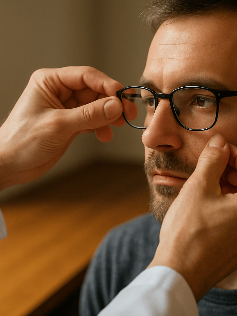 Close portrait frame of an optometrist's hands carefully adjusting eyeglass frames on a patient, soft north-facing daylight from a side window, warm amber tones on the wooden consultation table, shallow depth of field isolating the precise adjustment