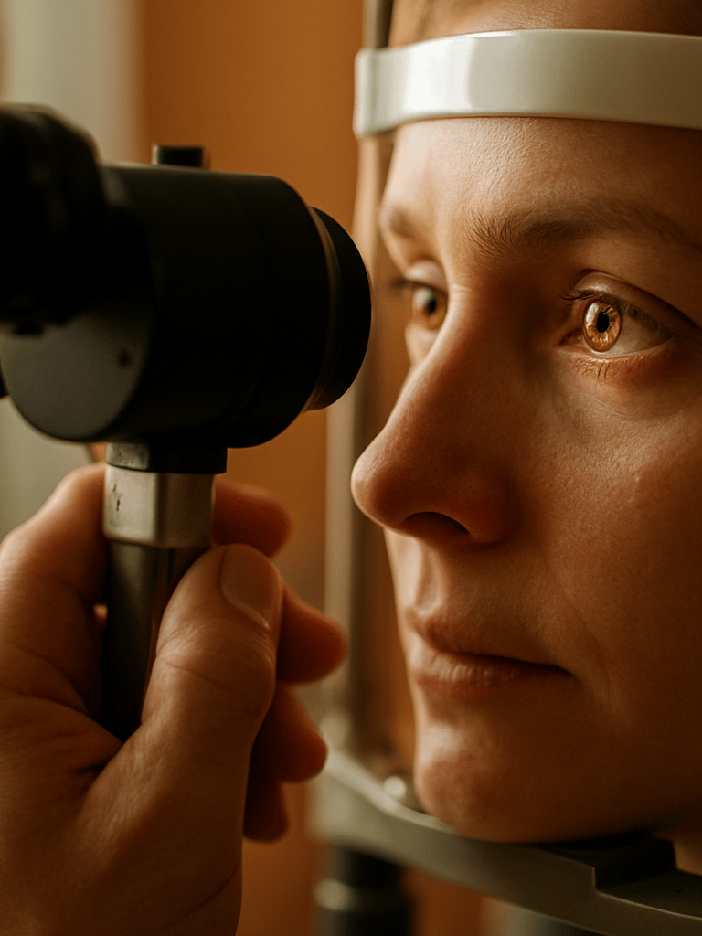Intimate close-up portrait frame, optometrist's hands positioning a slit-lamp instrument toward a patient's open eye, soft north-facing daylight from the left, warm amber tones in the consultation room, shallow depth of field with the eye in sharp focus and the instrument blurred in the foreground