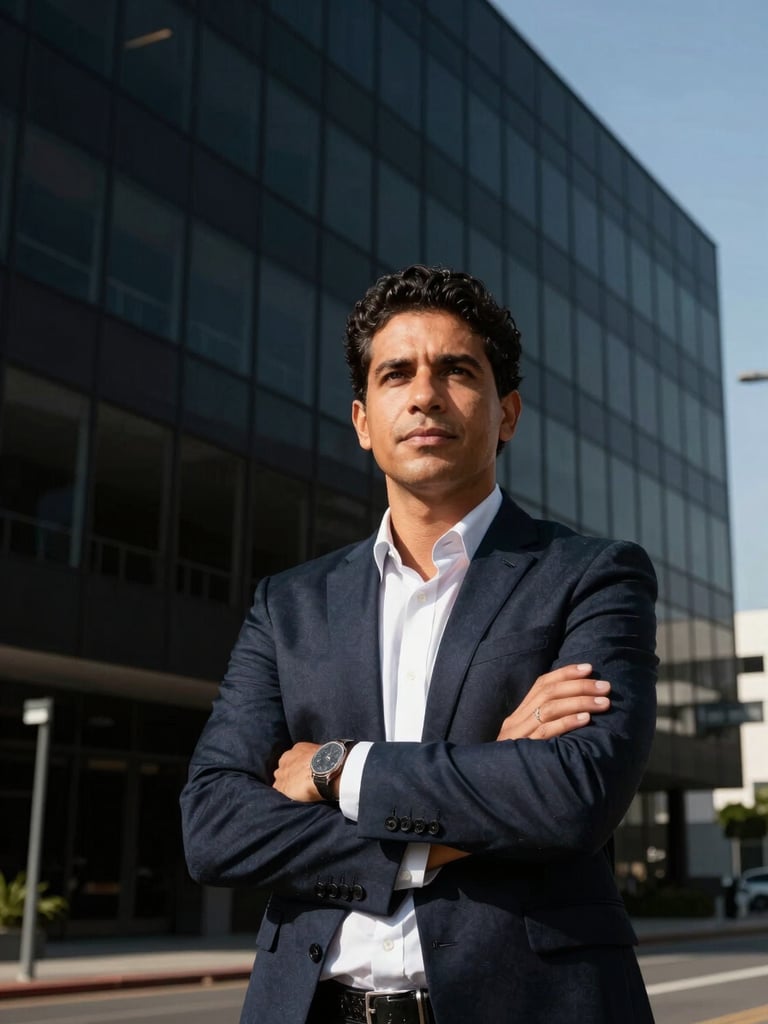 Portrait of a confident Brazilian agricultural executive standing in front of a clean, modern black glass office building, high-contrast natural sunlight, sharp editorial style.