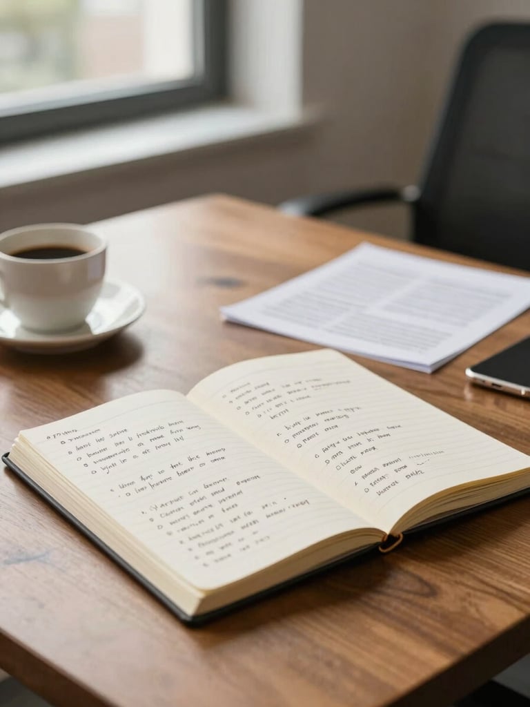 Wide environmental shot of a calm consulting office, a notebook open on a wooden table with handwritten strategy notes, a warm north-facing window in the background, a coffee cup and printed report nearby, no people visible