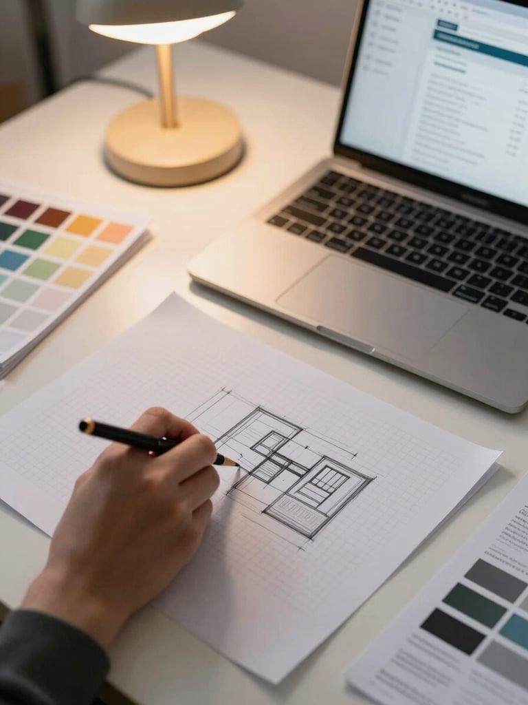 Close-up overhead view of a studio desk, a hand sketching brand layout on gridded paper beside an open laptop showing a website analytics dashboard, warm tungsten desk lamp casting soft shadows, color swatches and a printed report visible at the edges of the frame