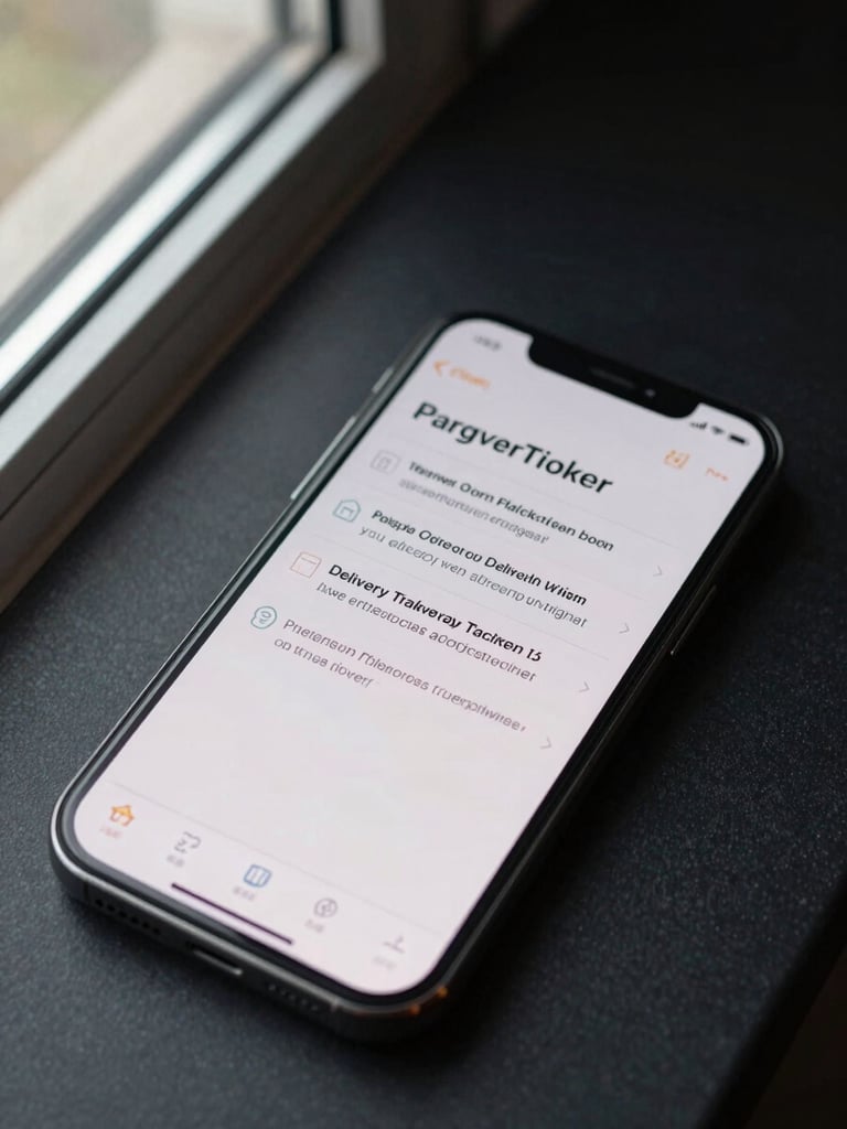 Overhead close-up of a smartphone screen displaying a parcel tracking status update notification, clean daylight from a window to the left, the screen clearly showing a delivery status message with a timestamp, phone resting on a flat dark surface, no human hands visible