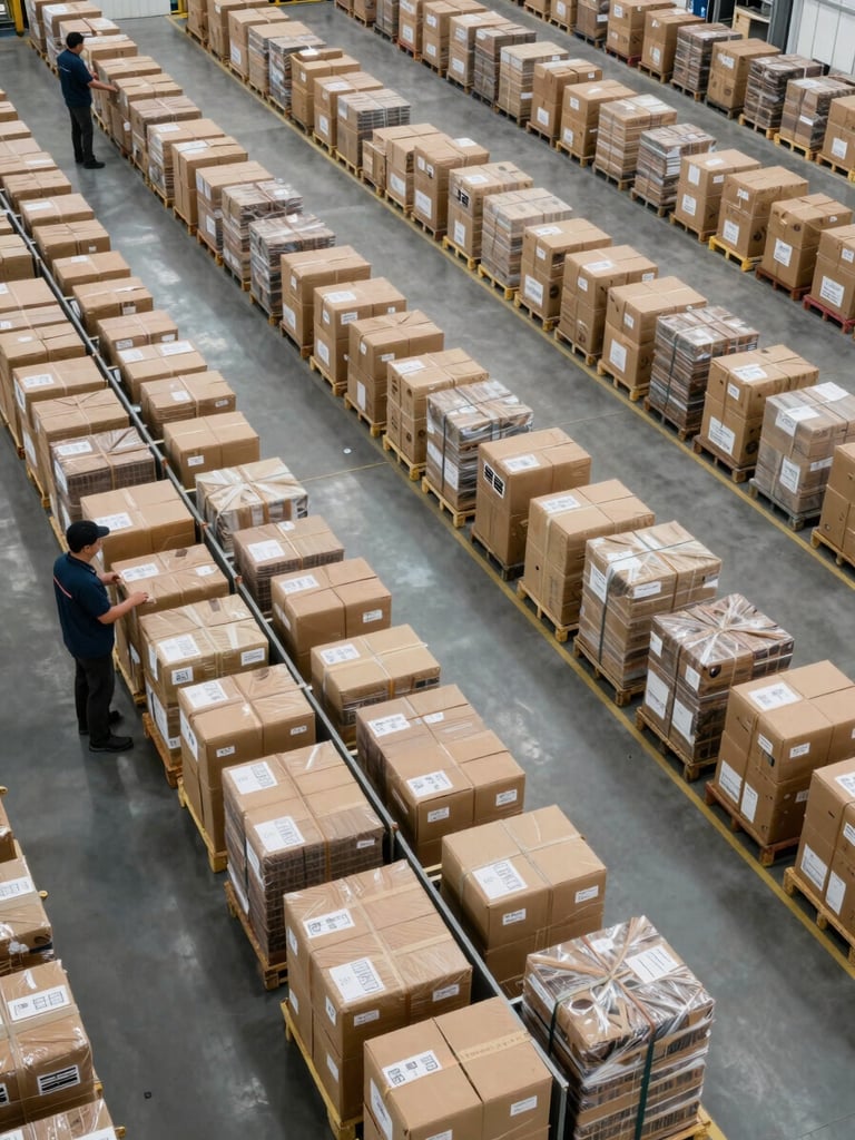Overhead wide shot of a logistics sorting facility, parcels arranged in labelled zones on a warehouse floor, workers visible at the edges handling packages under bright industrial daylight, clean geometric order