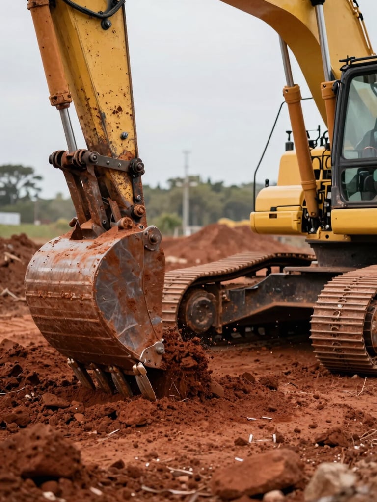 Close-up wide frame of an excavator arm mid-dig on an active site, bucket breaking into dark red earth, operator cab visible in upper frame corner, raw soil texture and machinery detail sharp in foreground, natural daylight
