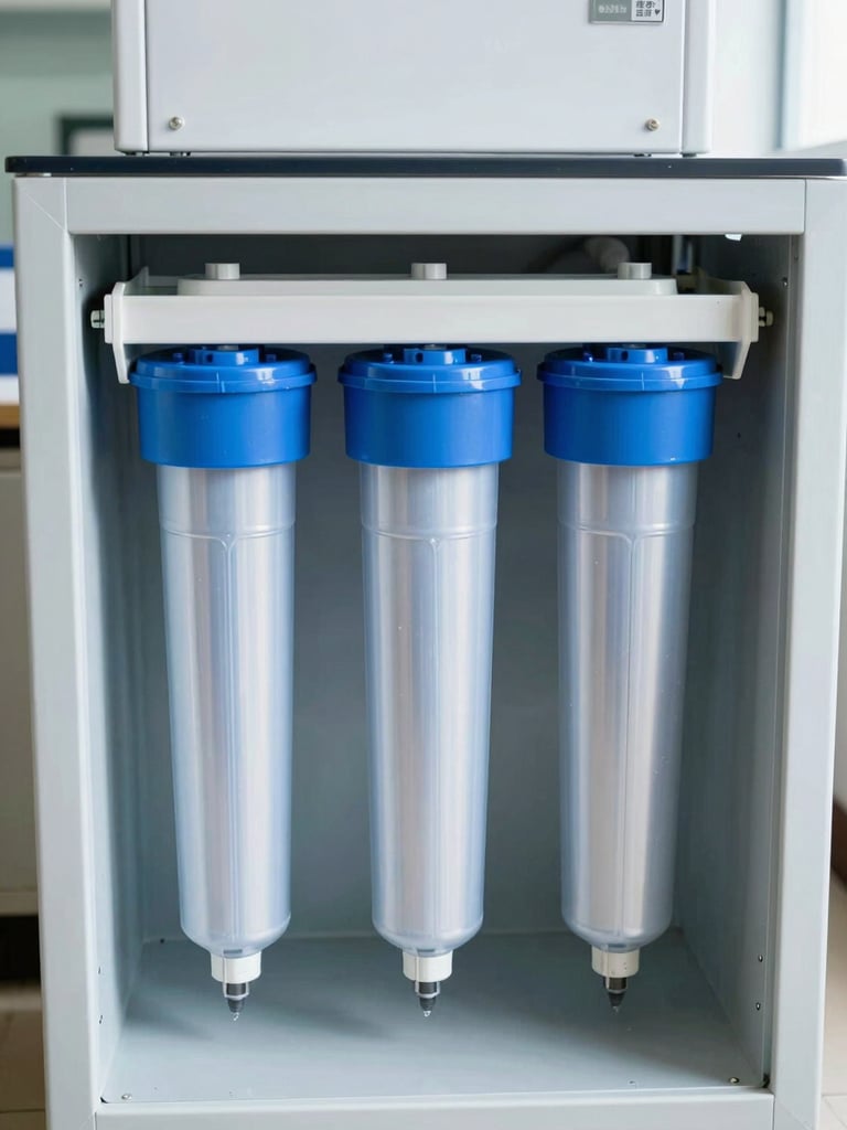 Close-up of clean water filtration hardware and multi-stage cartridges inside a commercial cabinet, bright daylight, sharp focus