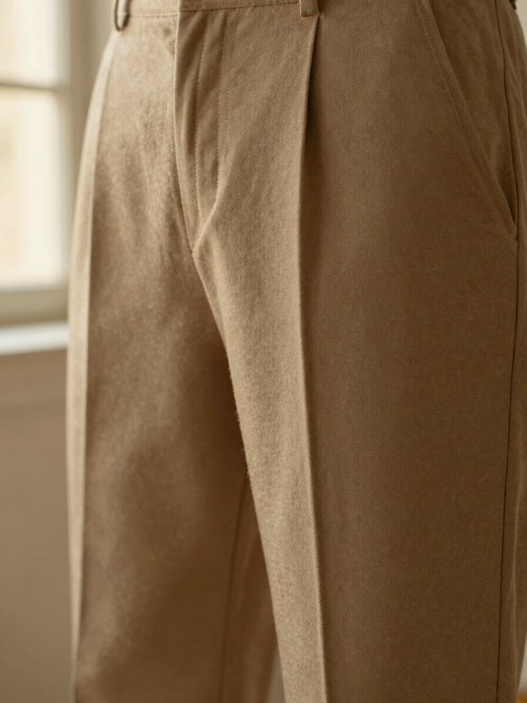 Macro close-up of structured cotton trousers in motion, showing clean seams and elegant drape, soft natural golden-hour window light, warm editorial fashion photography.