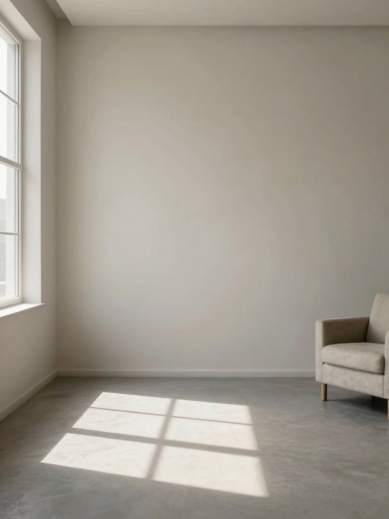 Wide architectural interior of a minimalist therapy room, natural north-facing window light falling across a pale plaster wall to the left third, an empty armchair partially visible at the right edge, warm gray and off-white tones, no people, no decor, geometric shadow lines from window frame crossing the floor