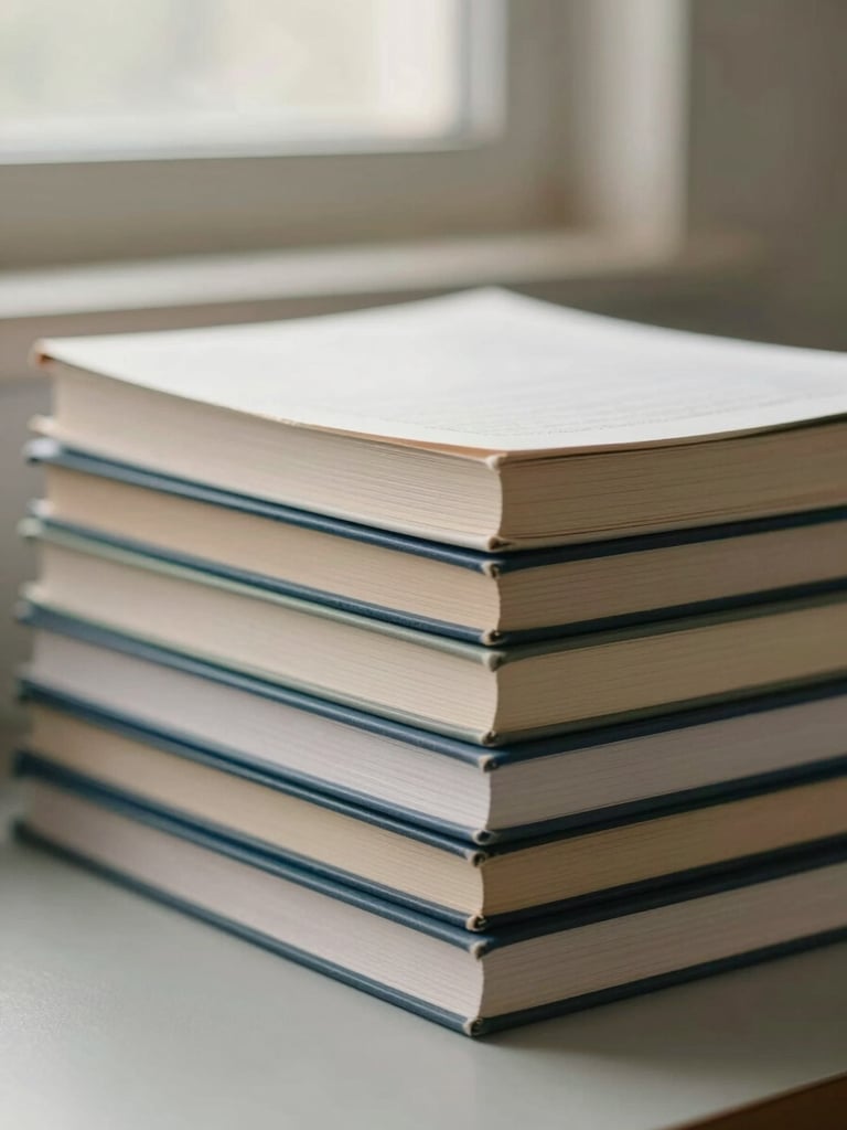 Detail of clinical reference books stacked on a desk, spines facing away, soft north-facing window light, warm neutral tones, precise and scholarly atmosphere