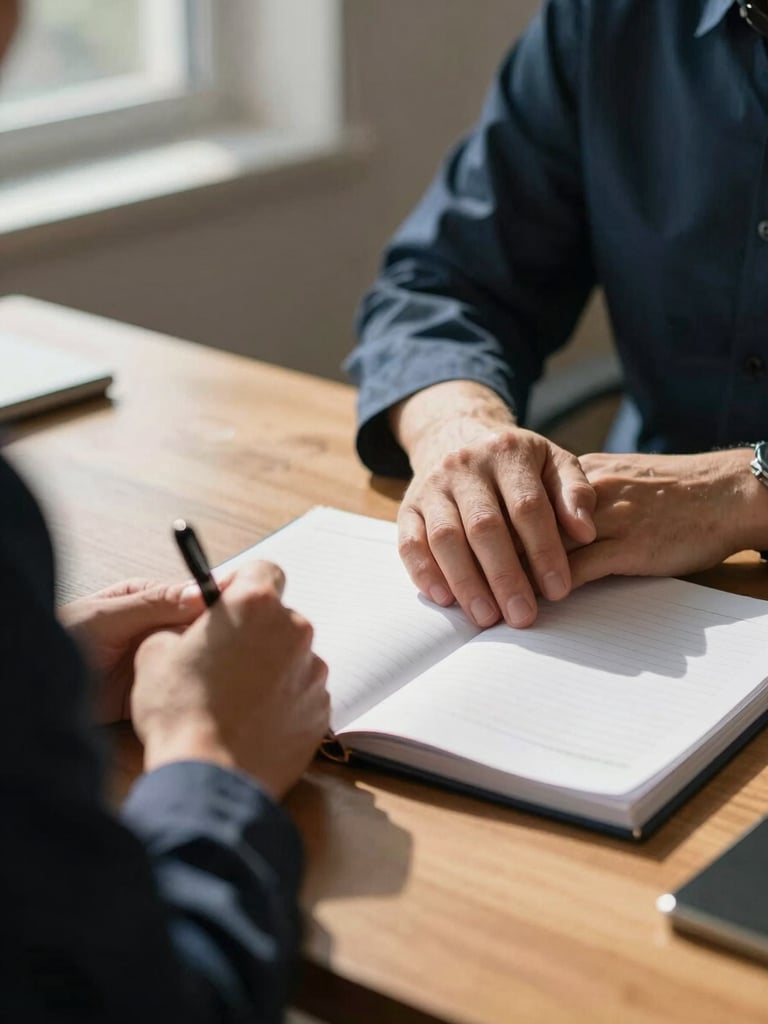 Close-up of a therapist's hands resting on a wooden desk beside an open clinical notebook, soft north-facing window light falling from the left, warm shadow detail, architectural precision