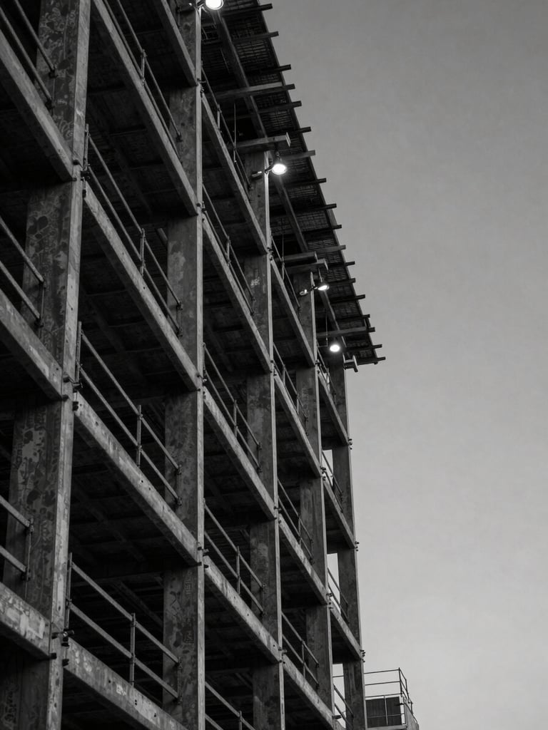 Extreme close-up of a Calgary construction site facade at dusk, steel beams and scaffolding dominating the left edge, a sliver of cold grey sky visible to the right, clinical overhead industrial lighting, hard shadows, high contrast monochrome