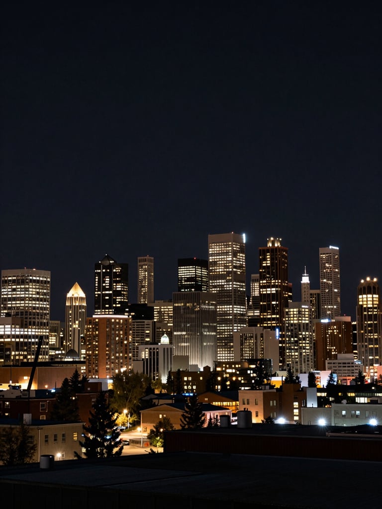 Panoramic wide-angle Calgary downtown skyline at night, towers lit against a cold black sky, shot from a low industrial vantage point to the right of frame, vast dark sky occupying the left two-thirds, hard architectural lines, high contrast