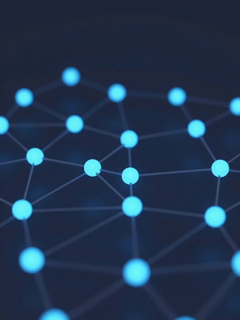 Minimalist 3D render of abstract glowing network nodes, deep slate and electric blue light, macro depth of field, clean tech aesthetic.
