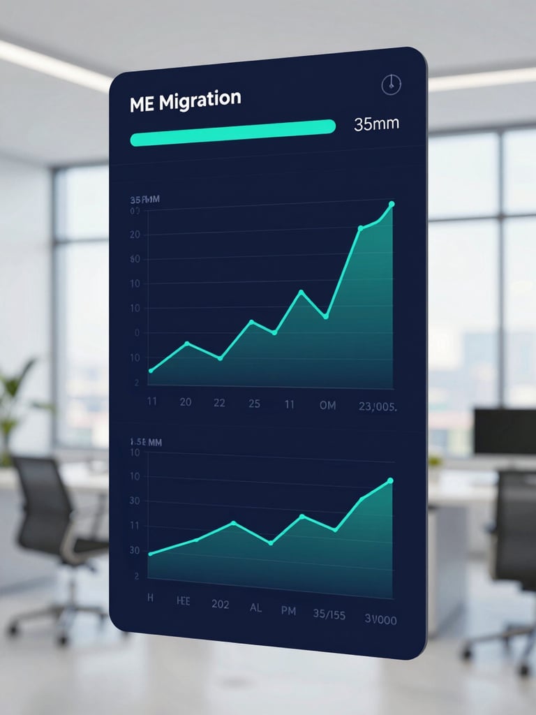 A vertical high-fidelity software interface mockup displaying medical data migration progress, clean graphs with electric teal lines, deep navy background, crisp corporate photography, sharp focus, 35mm