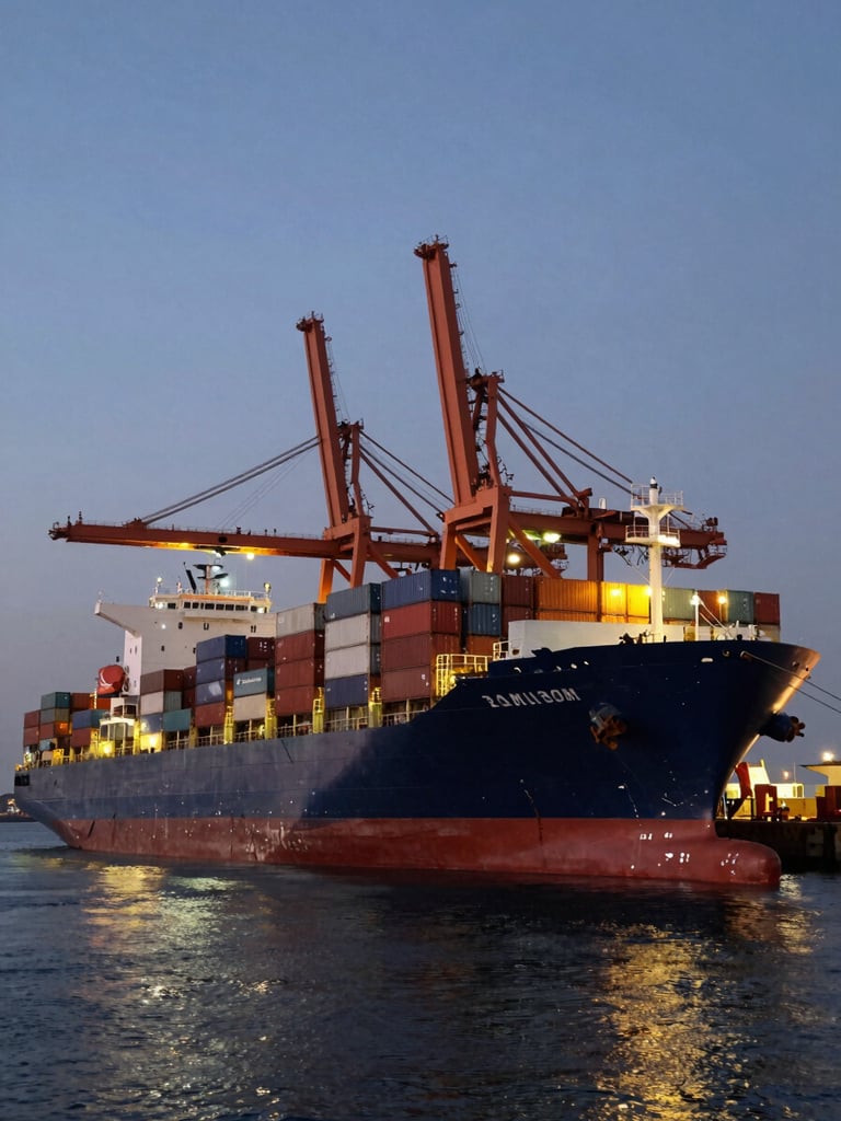 Wide-angle panoramic shot of a massive container ship docked at Damietta port during twilight, harsh metallic textures of cargo cranes highlighted by amber harbor lights, dark water reflecting the deep red hull.