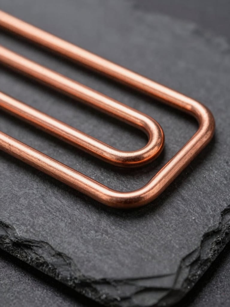 Tight macro shot of clean copper line sets with perfect 90-degree bends against a dark slate background, crisp work lighting