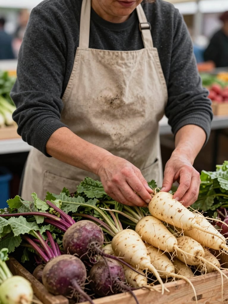 Close medium shot of a vendor woman arranging root vegetables on a wooden market table, daylight from the left, worn canvas apron, hands visible and unhurried, one crate of turnips and beets in the foreground, market backdrop softly out of focus