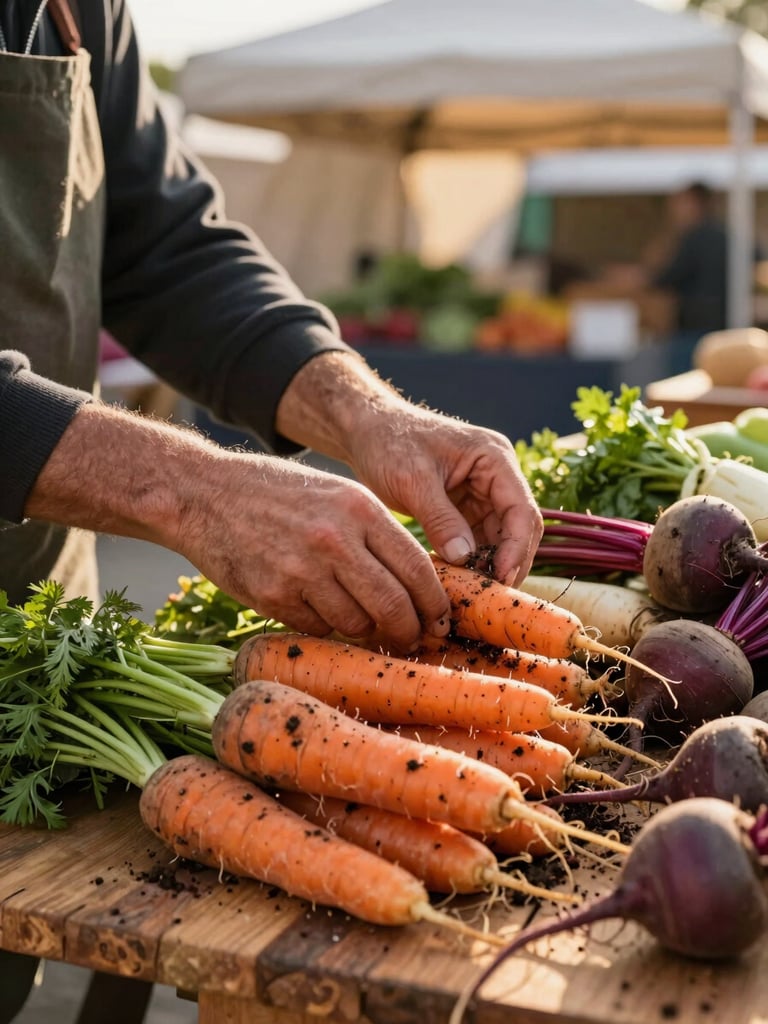 Close-up of a vendor's hands arranging root vegetables on a wooden market table, natural golden-hour daylight streaming in from the left, soil-dusted carrots and beets in sharp focus, soft background of canvas tent and market stalls