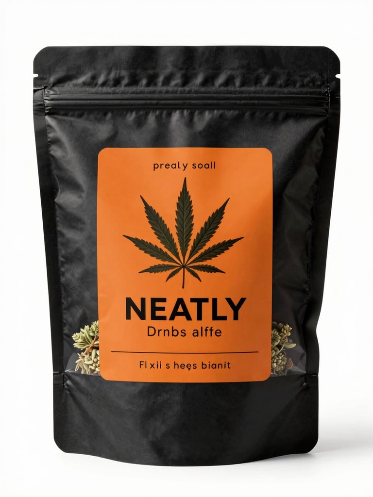 Neatly packaged cannabis products in a branded matte black courier bag, sharp studio lighting, safety orange accents visible on the label, top-down clean angle.