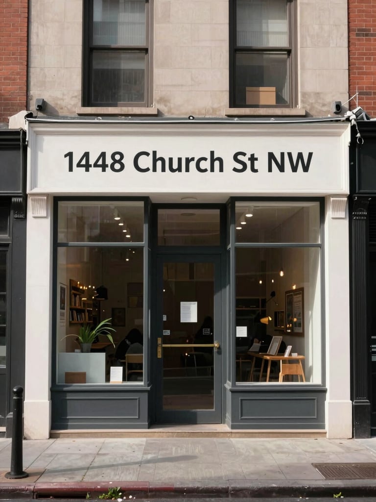 Crisp documentary-style street shot of the 1448 Church St NW storefront in Logan Circle, natural daylight, urban setting, clean composition.