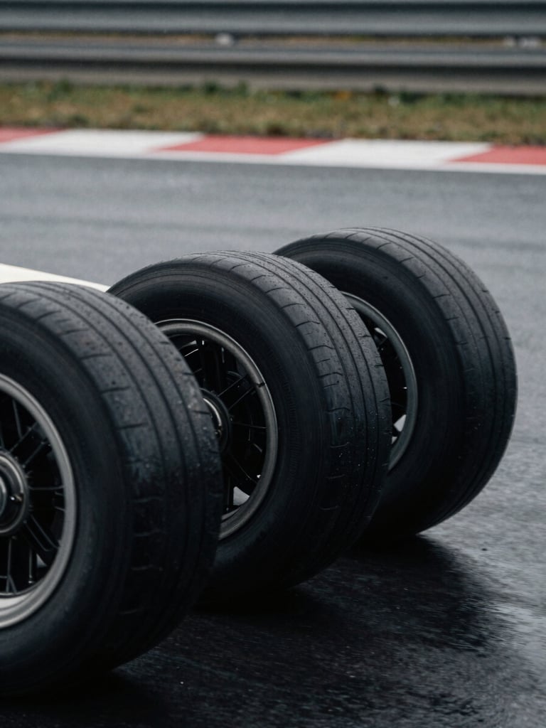 Vintage racing car tires on wet asphalt, blurred motion in the background, moody natural light, high-contrast, desaturated metallic tones